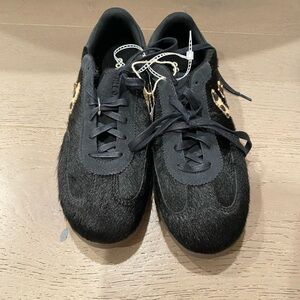Black Fur Sneakers with Gold Detail